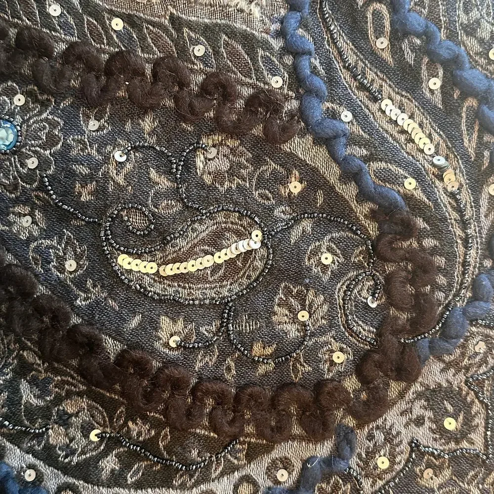 Tolani 100% Wool Scarf Brown Blue Embroidered Sequins Paisley Fringe Oversized